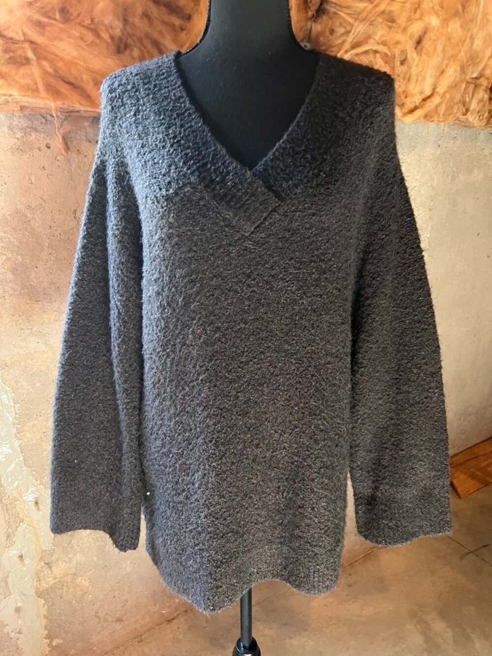 Anthropologie Gray Boucle Knit Slouchy V-Neck Pullover Sweater